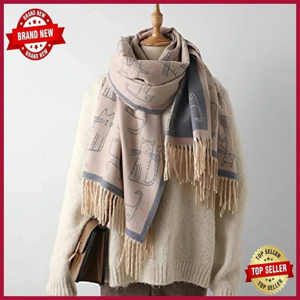 Cashmere Feel Fringed Scarf Winter Shawl Wrap Double-Sided Warm